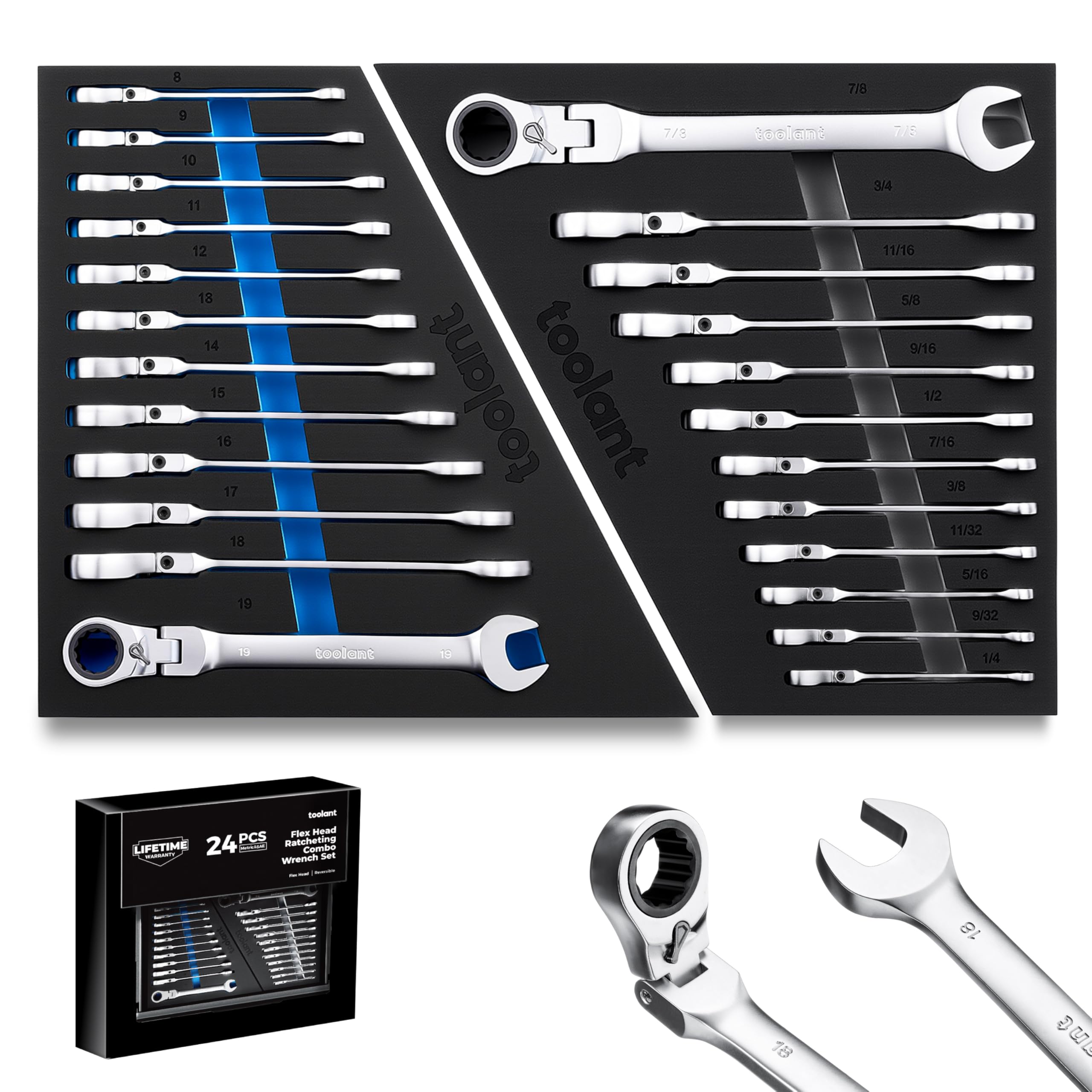 toolant 24pcs ratcheting wrench set with flex-head for tight spaces and versatile sizing