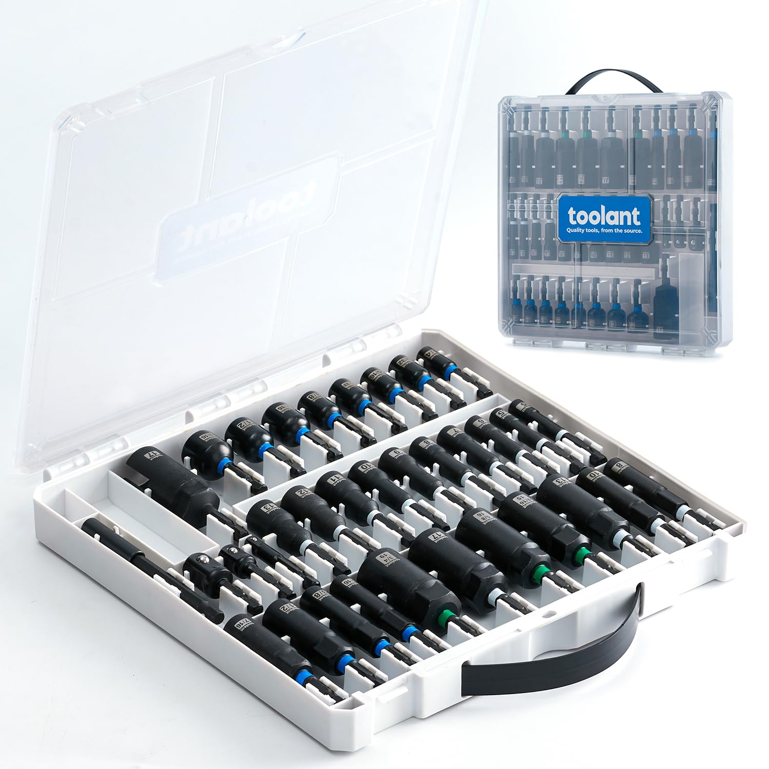 Toolant 34-piece magnetic nut driver set case showing organized overhead-friendly tips