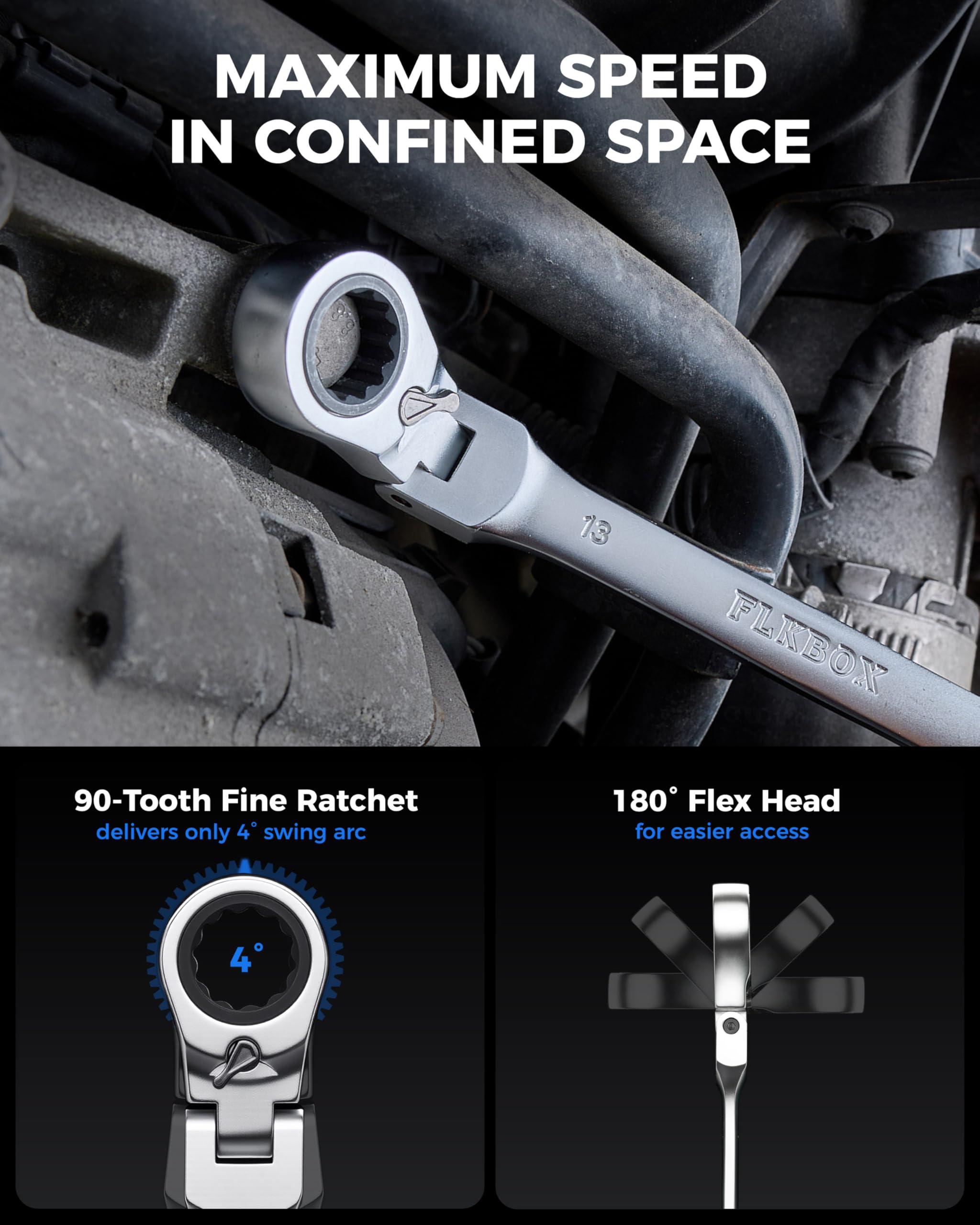 toolant 90-tooth ratcheting mechanism offers smooth operation in tight spots