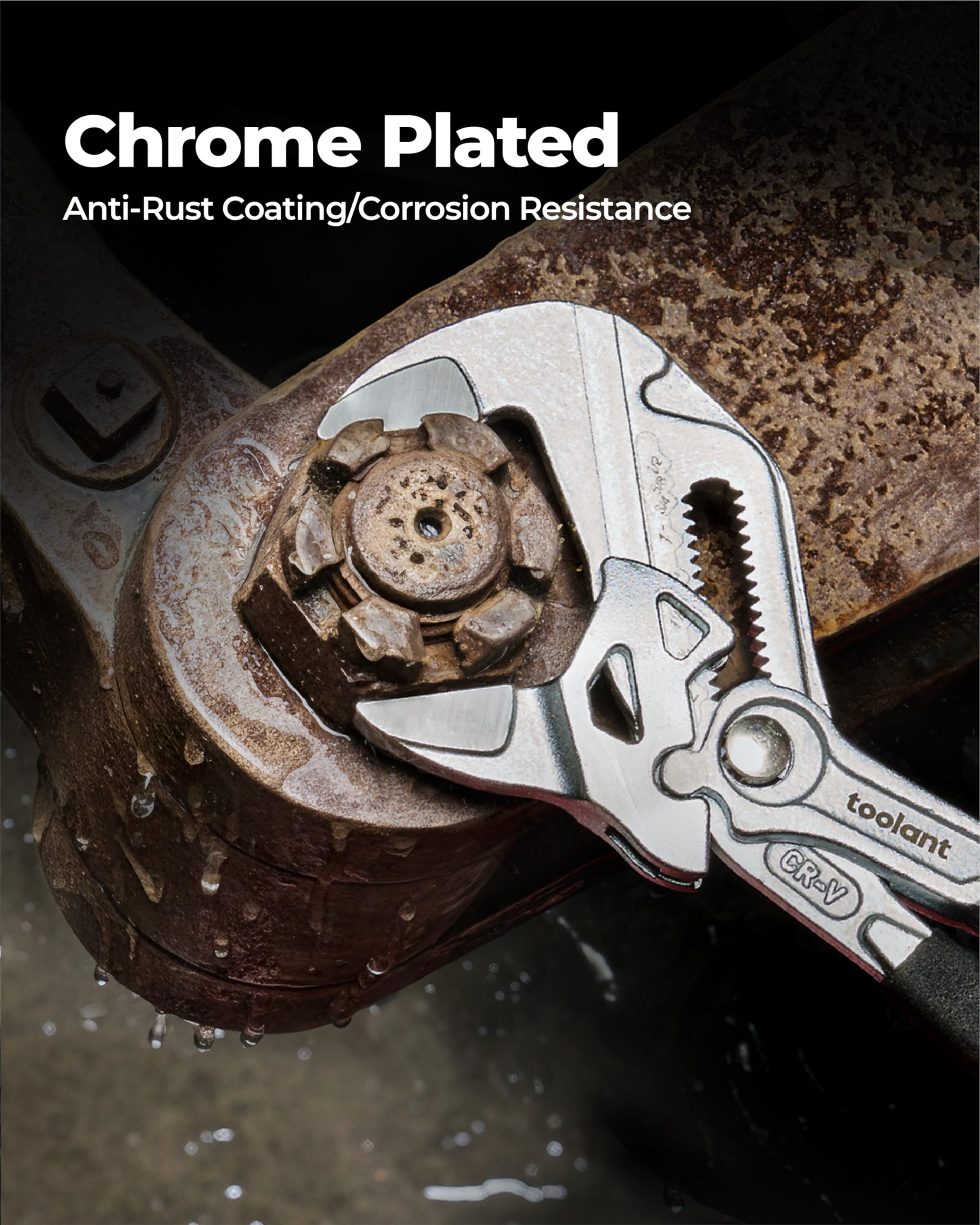 Toolant CR-V steel construction close-up highlighting durable performance in wet environments.