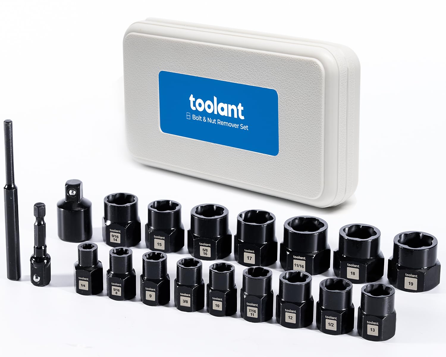 Toolant bolt extractor kit with upgraded engagement geometry robustly grips damaged fasteners