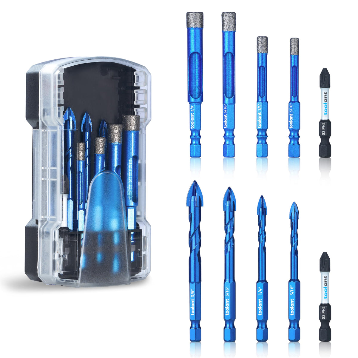 Toolant Diamond Drill Bits Set 10PCS packaging, versatile kit for glass, tile and ceramic