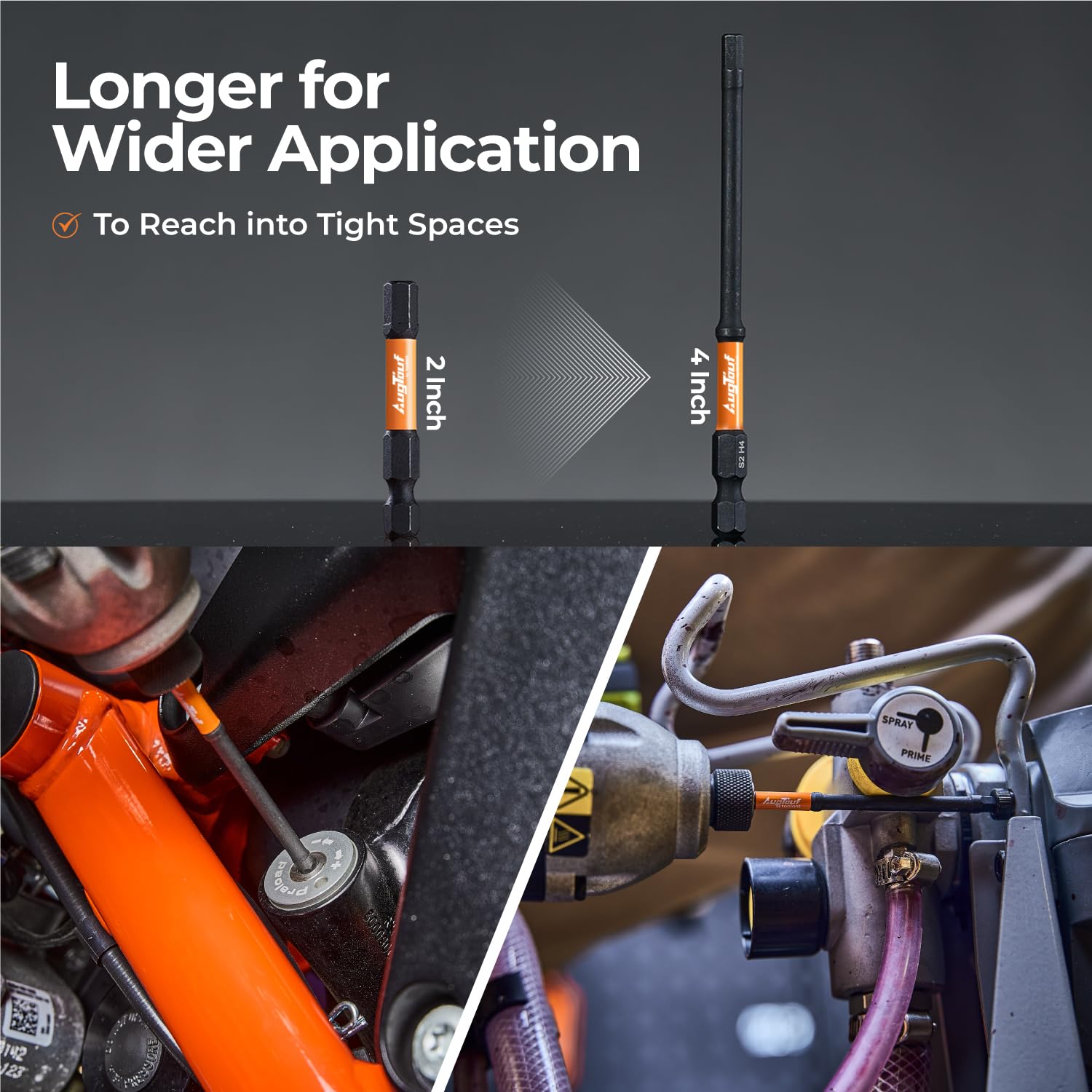Toolant extended 4-inch hex bits for extra reach in tight spaces.