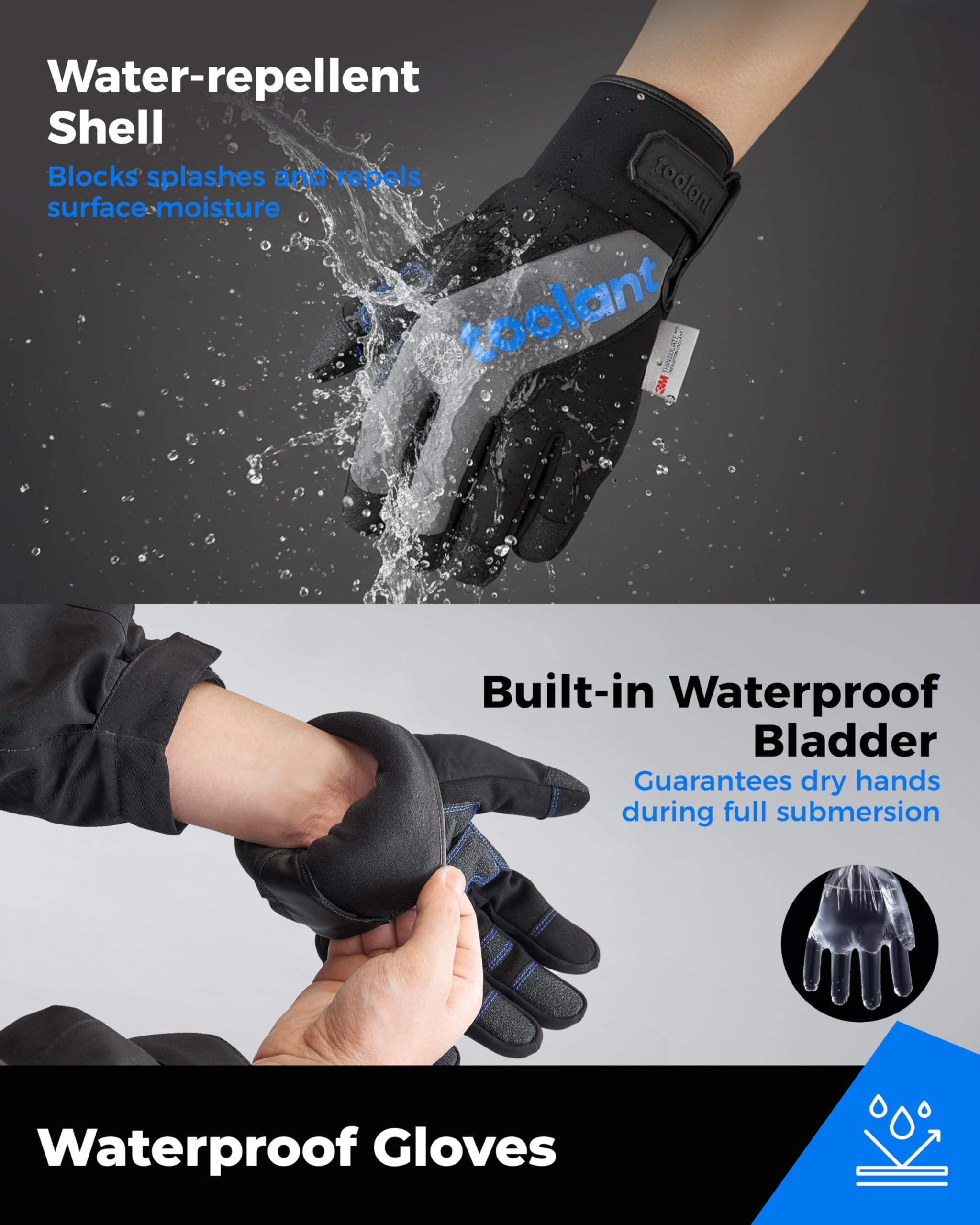 Toolant extended-cuff winter gloves shield wrists from wind and snow during tasks.