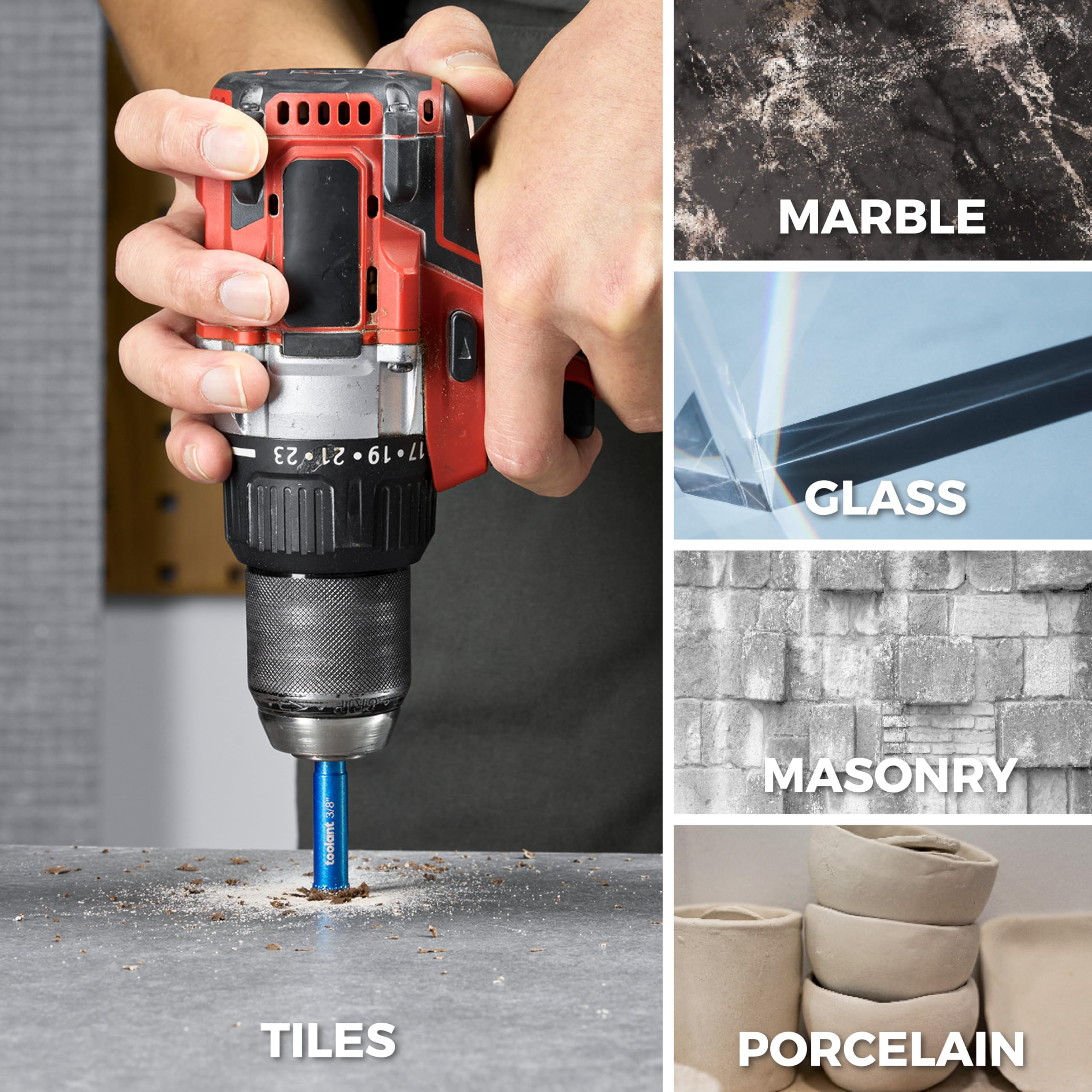 Toolant tiles and glass drilling with porcelain-friendly results and cleaner holes.