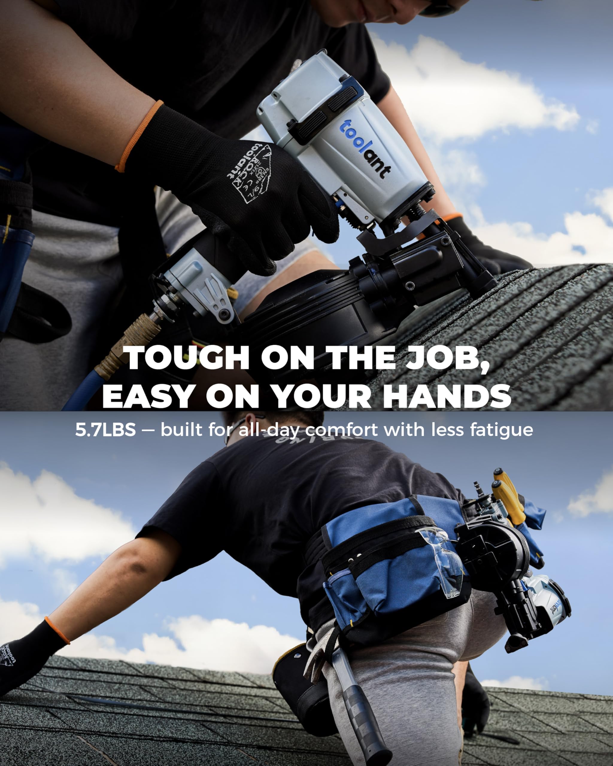 Toolant Roofing Nailer lightweight design reduces fatigue during overhead nailing.
