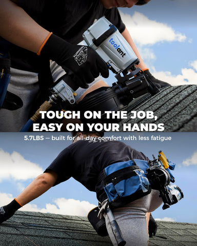Toolant Roofing Nailer lightweight design reduces fatigue during overhead nailing.