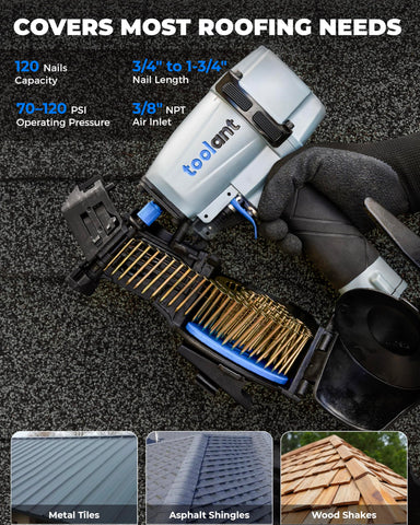 Toolant Roofing Nailer action shot demonstrates overhead use capability on sloped surfaces.