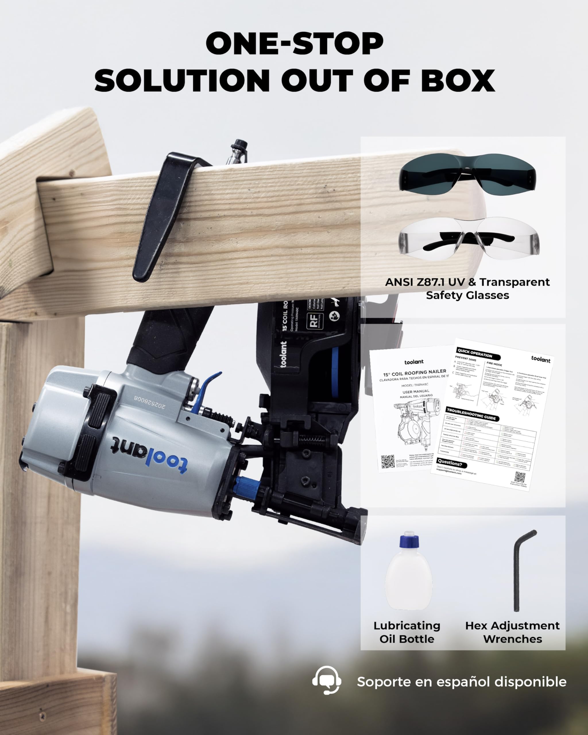Toolant Roofing Nailer includes safety glasses and belt hook for immediate use.