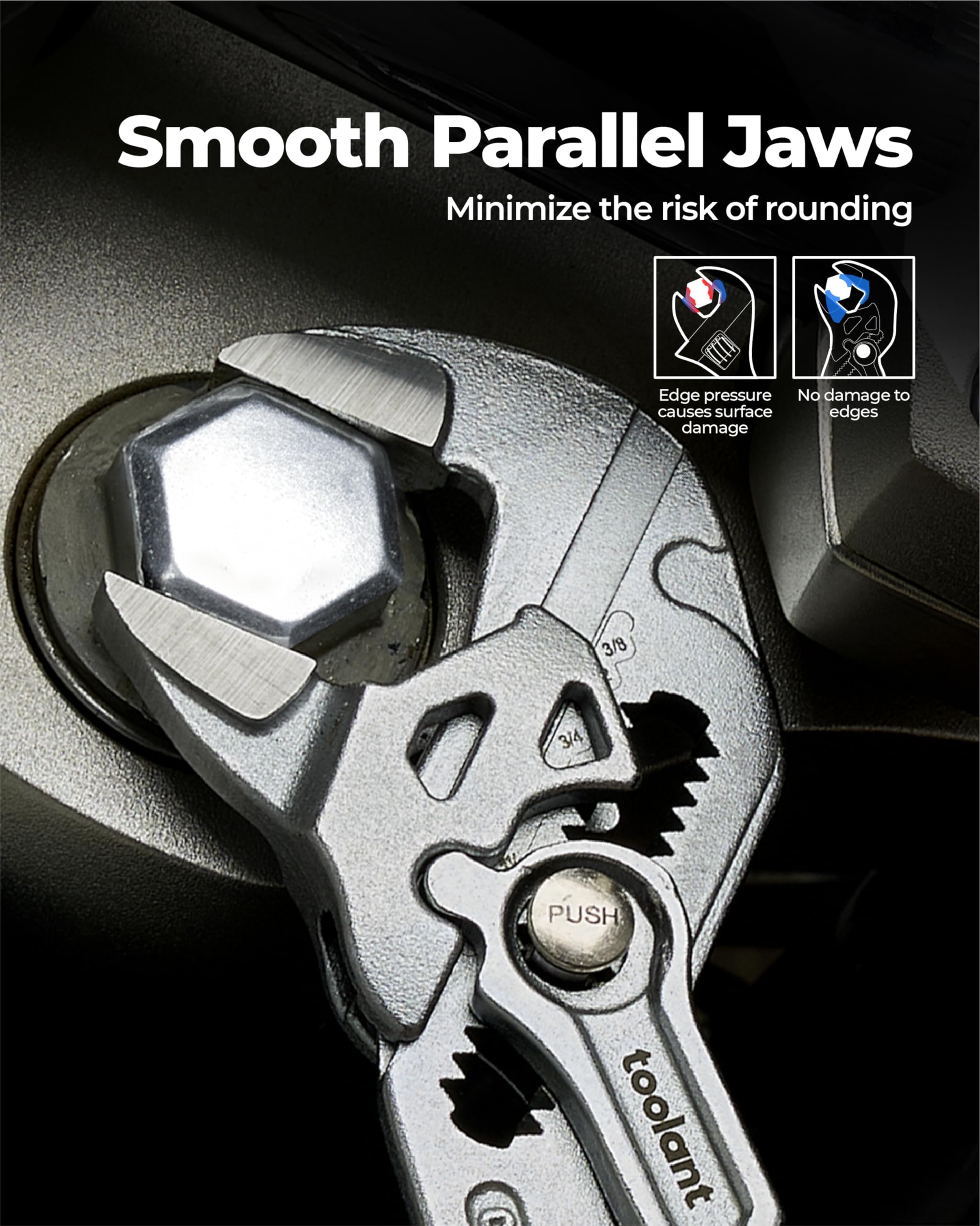 Toolant self-adjusting jaw demonstrates quick opening adjustment without repositioning.