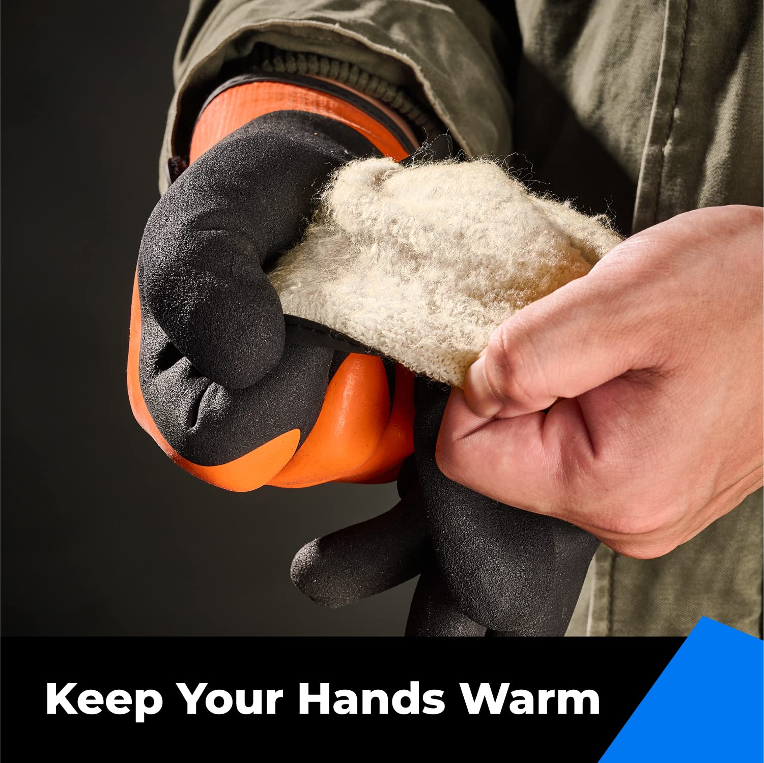 Toolant gloves with extended cuff design to protect wrists from cold and moisture.