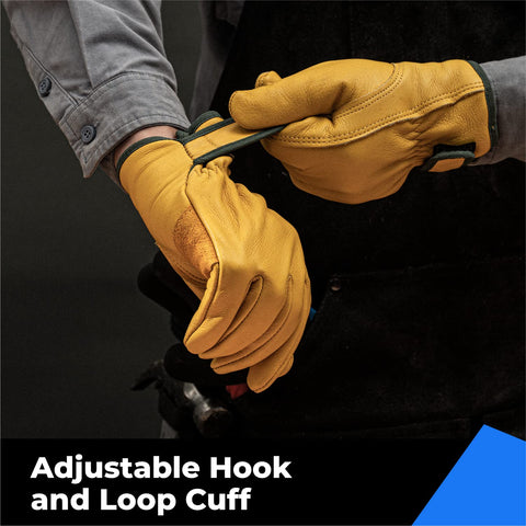 Toolant Winter Leather Gloves adjustable wrist with hook-and-loop closure blocks wind.