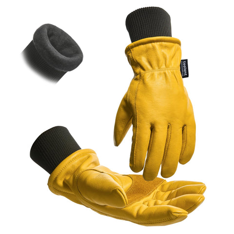 Toolant winter leather work gloves palm patch showing abrasion resistance and grip.