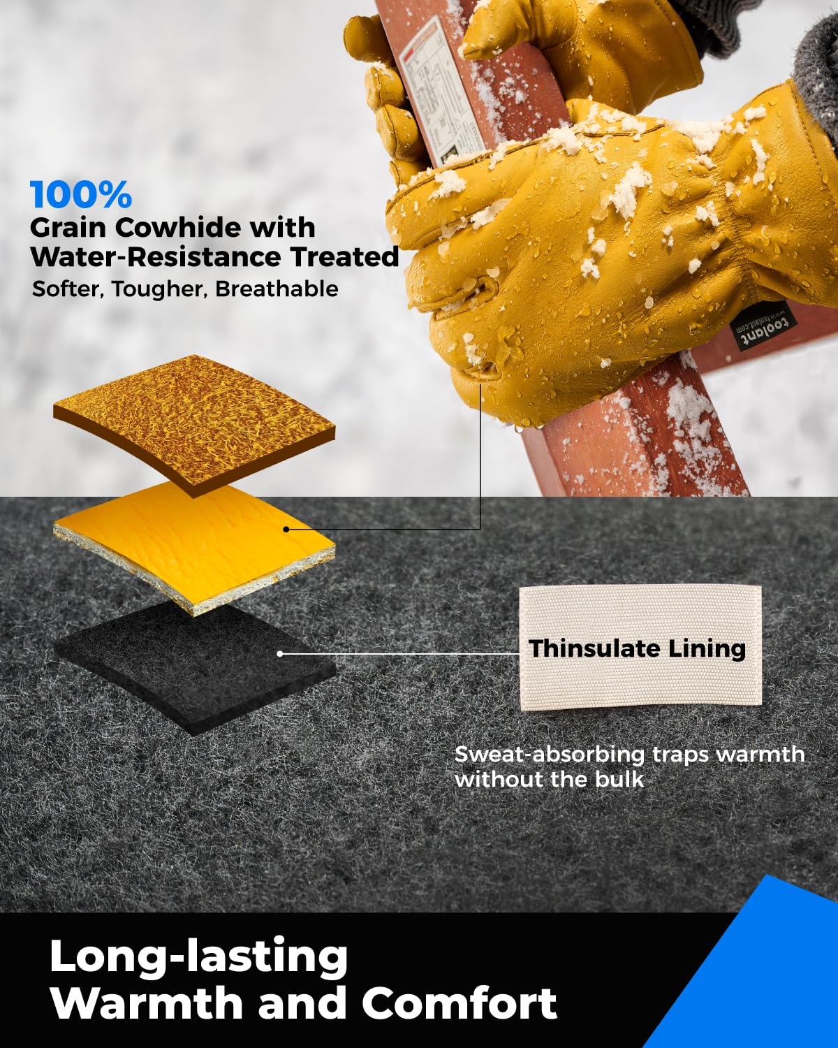 Toolant winter leather work gloves wrist cuff seals out wind for warmer outdoor use.