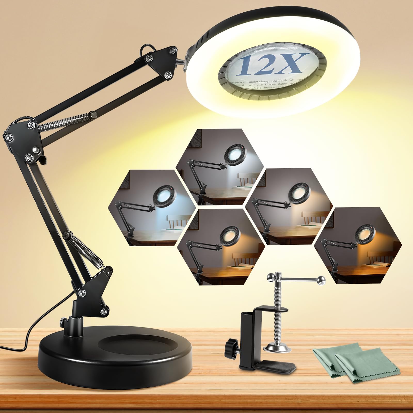 Toolastra 12X magnifying glass with light on desk for precise reading of tiny text