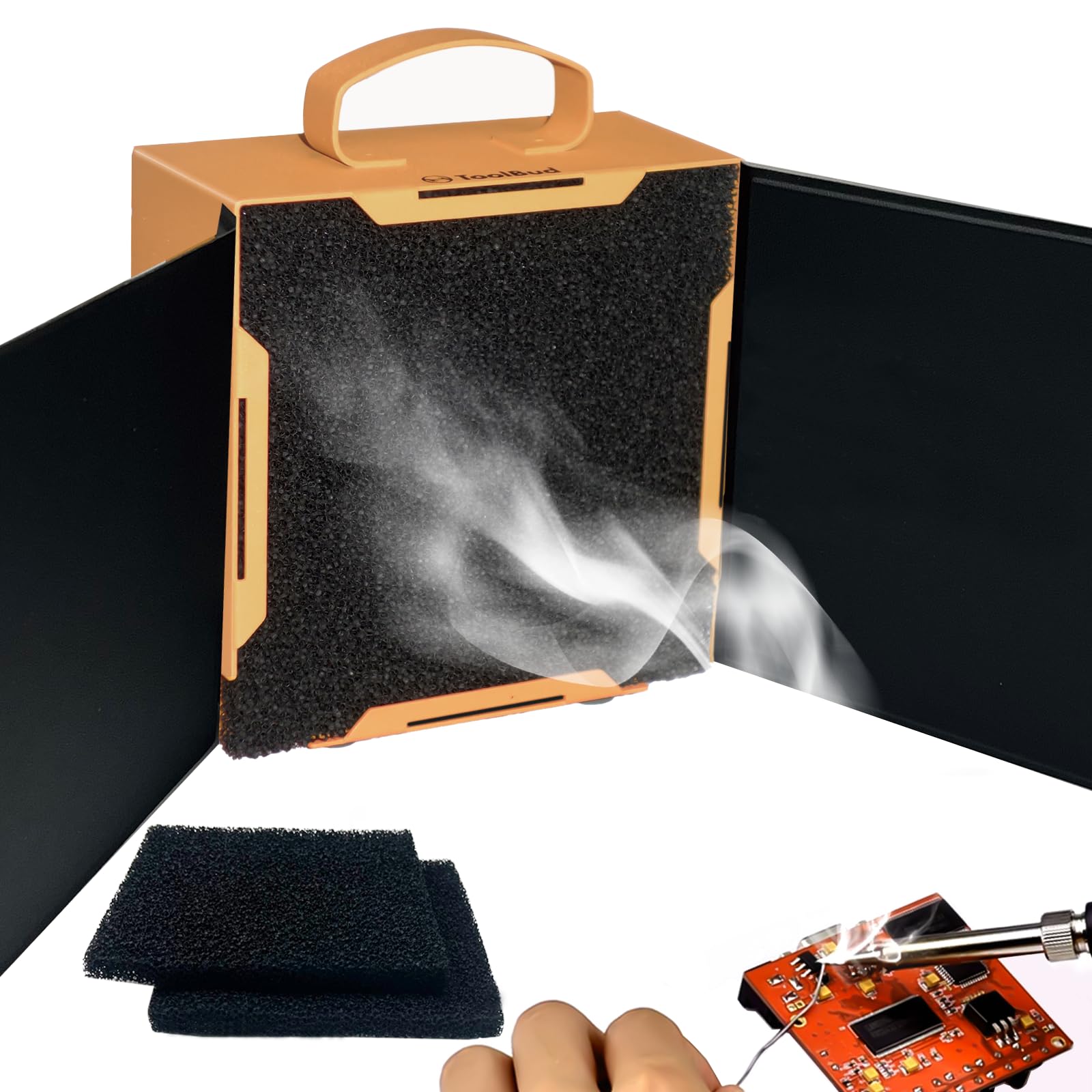 ToolBud Upgraded Solder Fume Extractor front view, compact and efficient for clean air.