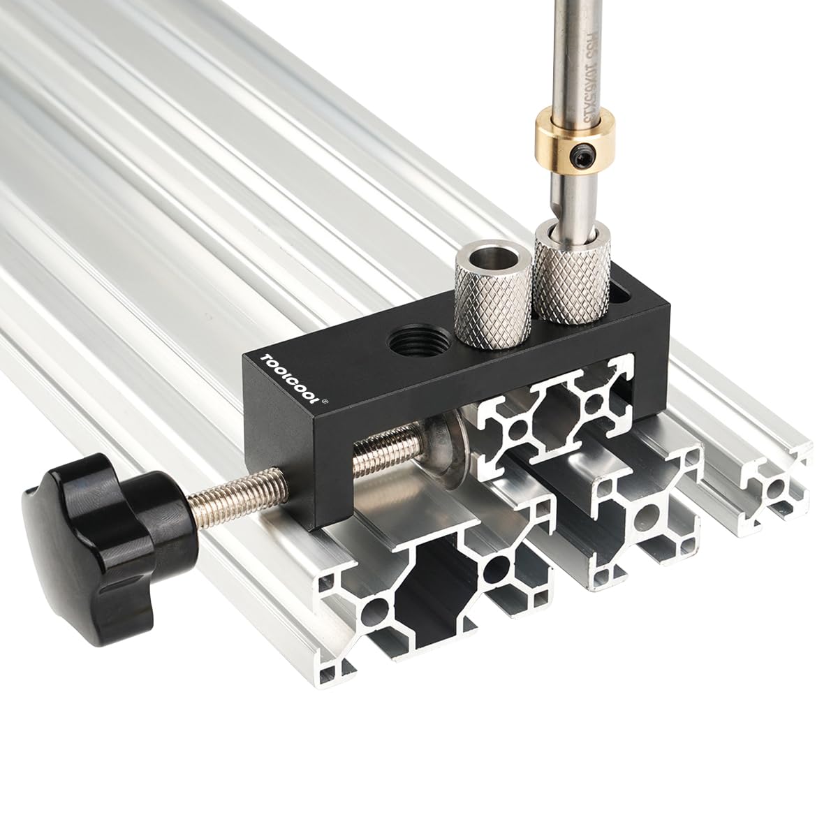 Toolcool aluminum profile drill guide with double holes for precise alignment.