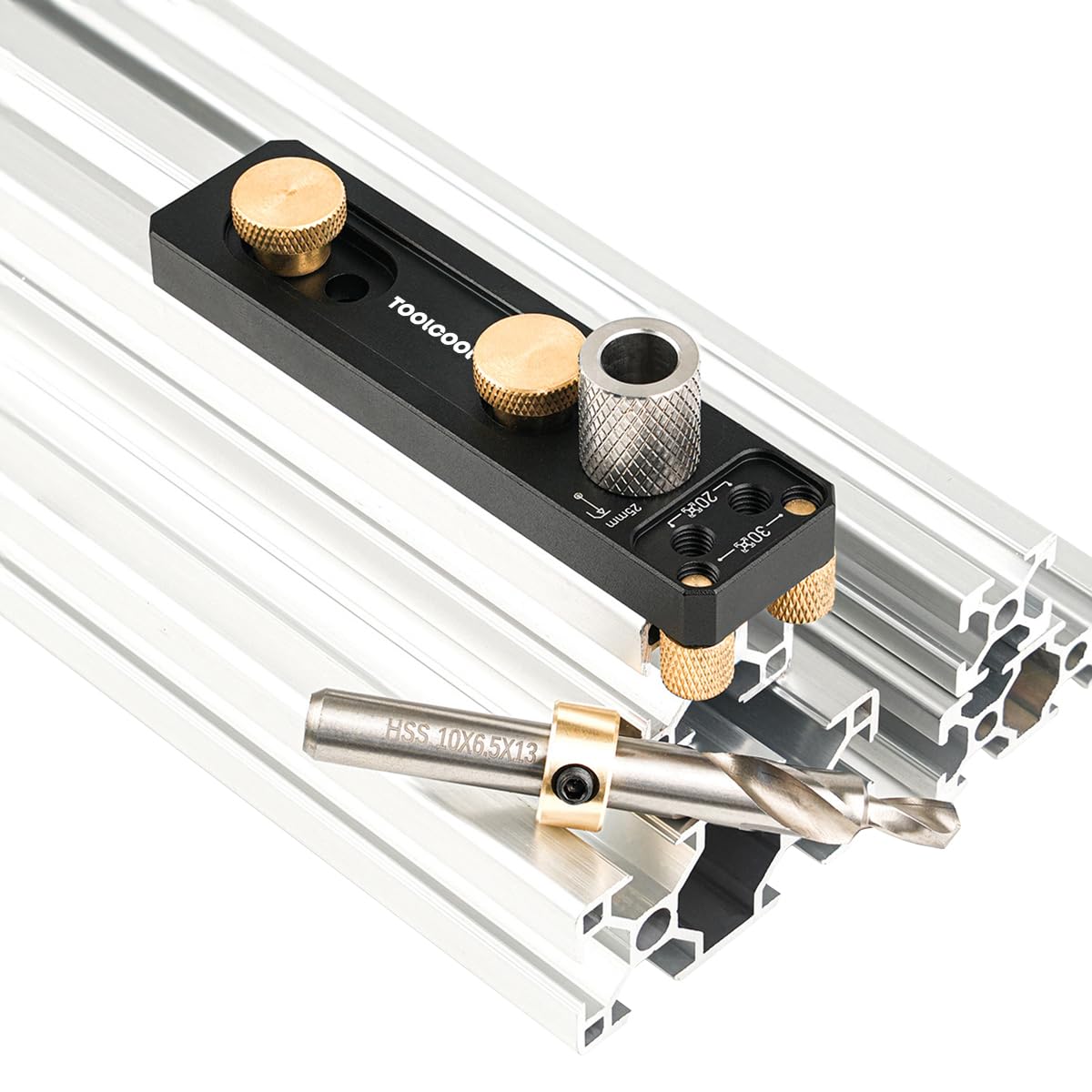 Toolcool drill guide front view for 2020/2040/3030/3060 profiles enables precise hole placement
