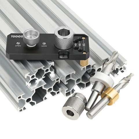 Toolcool drill guide front view shows precise alignment for aluminum profiles.