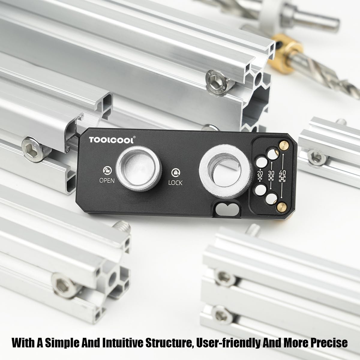 Toolcool drill guide side view highlighting compact, durable construction for easy mounting.