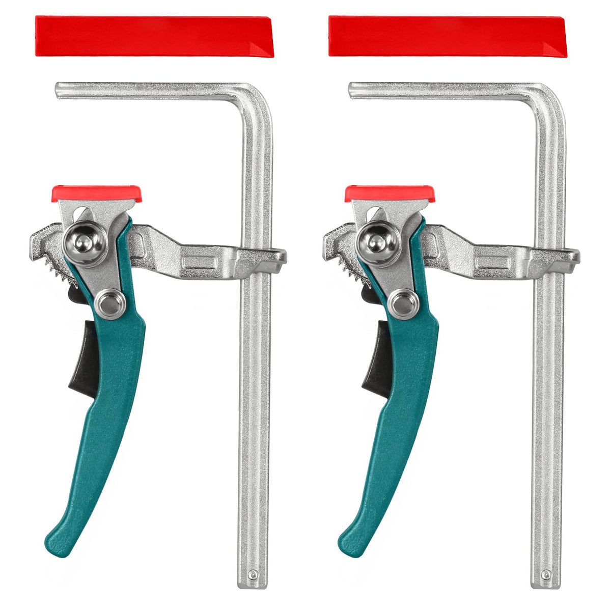 Toolcool quick-release ratchet track saw clamp secures workpieces on rails for precise cuts