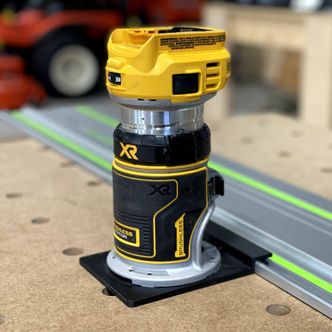 ToolCurve guide-rail adapter mounted on a Dewalt router for precise setup.