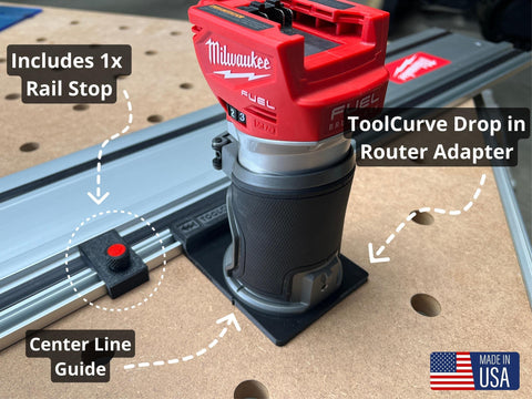 ToolCurve guide rail adapter for Milwaukee shows secure rail mounting.