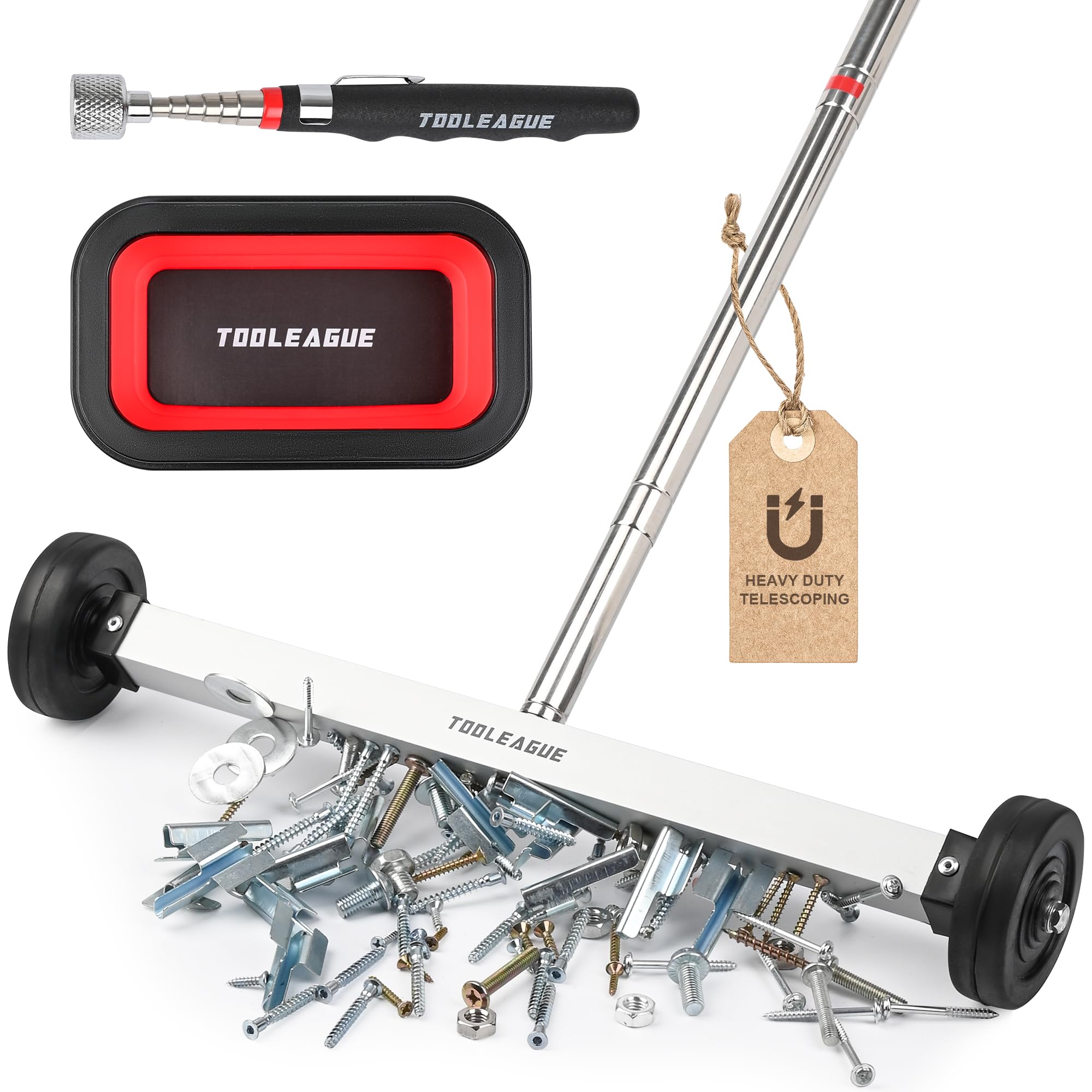 TOOLEAGUE 17-inch rolling magnetic sweeper covers large areas for faster cleanup.