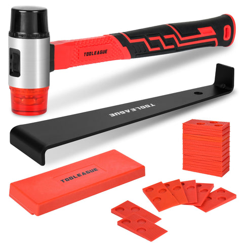 TOOLEAGUE double-faced soft mallet cushions taps to protect laminate surfaces during installation.