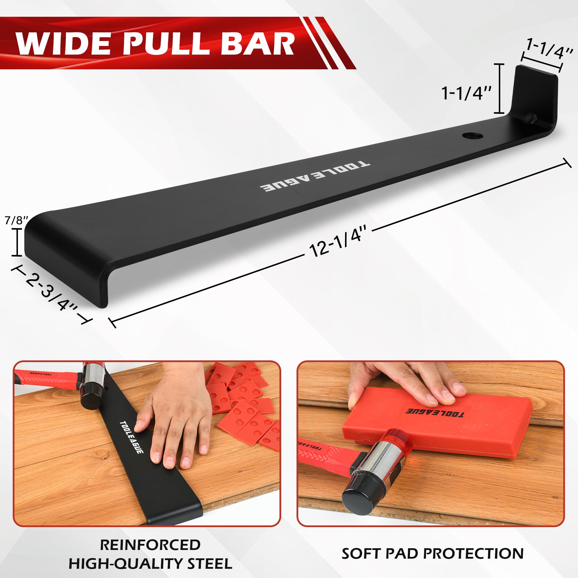 TOOLEAGUE heavy-duty pull bar resists bending for reliable plank alignment.