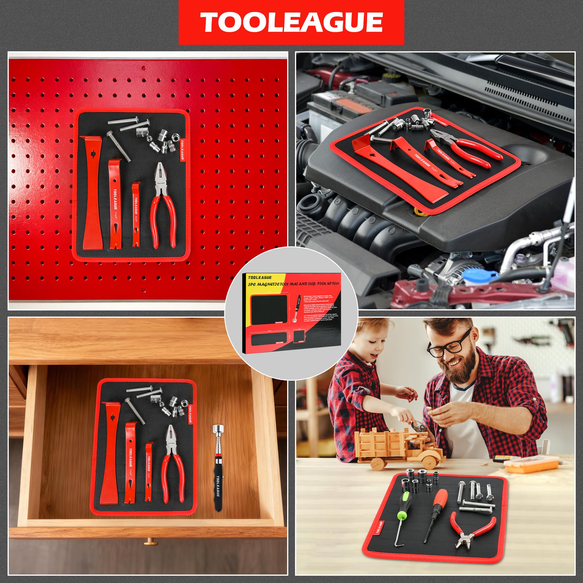 TOOLEAGUE tidy workspace with screws, bolts, and small parts at hand