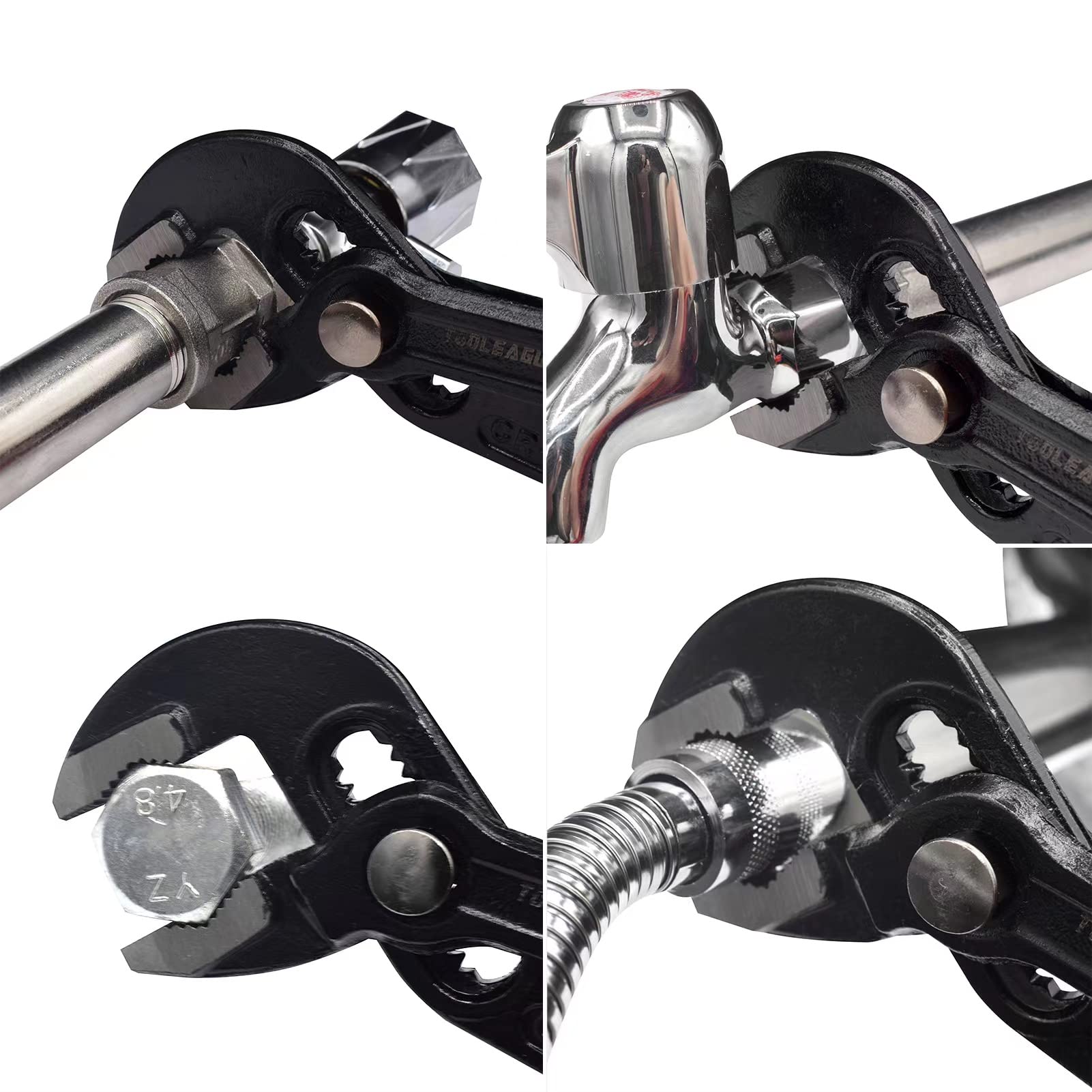 TOOLEAGUE pump pliers jaw close-up highlights multi-point grip for round and hex shapes