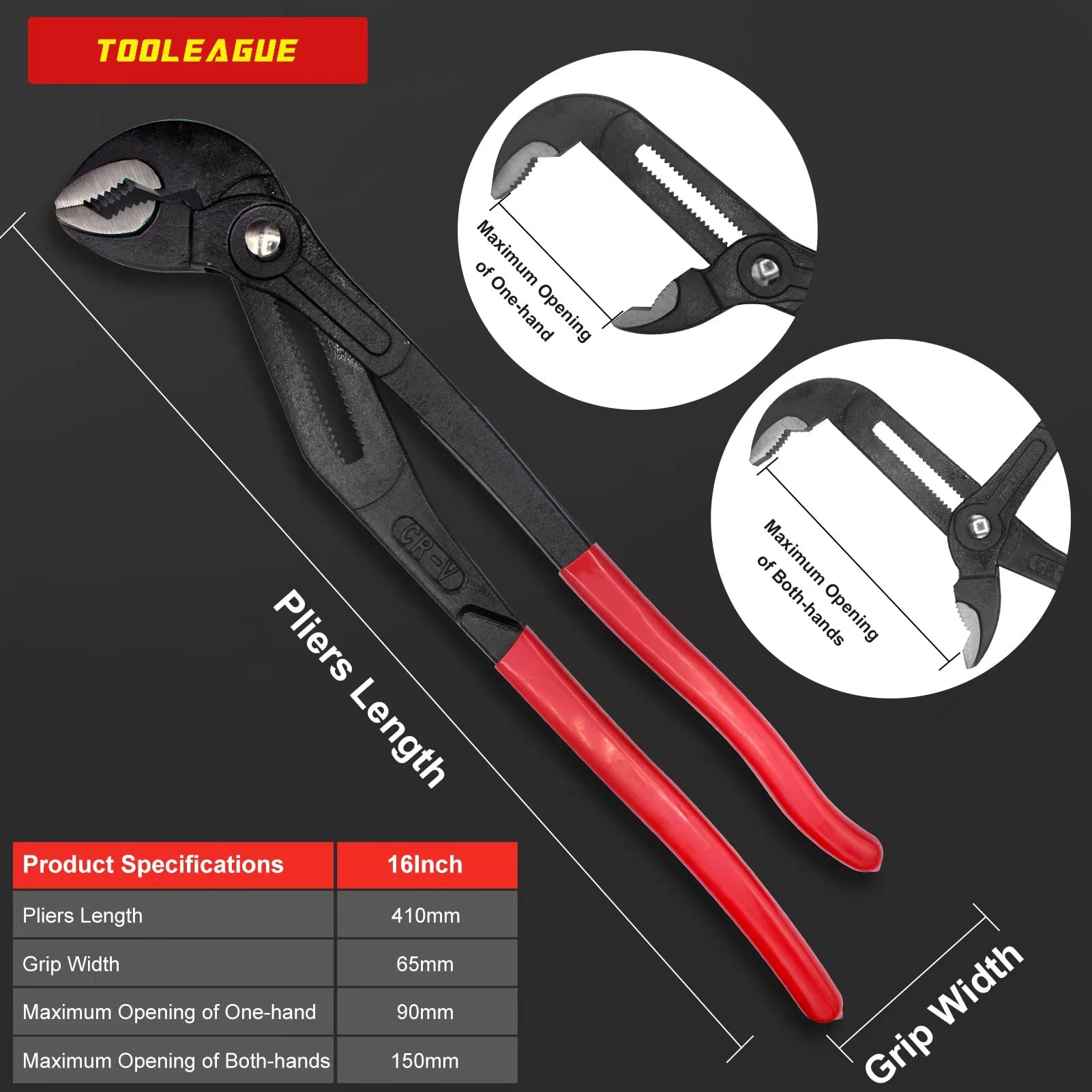 TOOLEAGUE 16-inch slip joint open jaw demonstrates fast adjustment and leverage