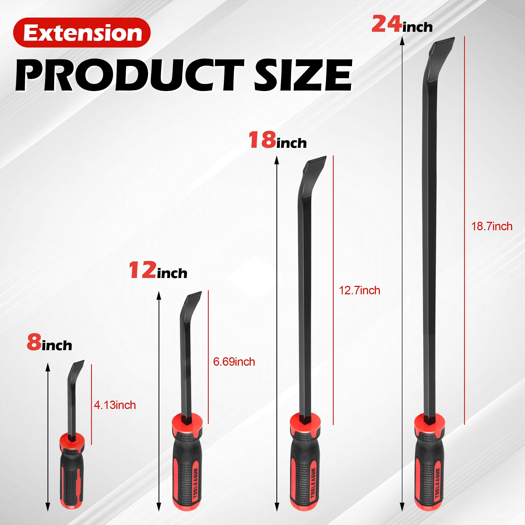 TOOLEAGUE 18-inch pry bar ready for baseboard removal and mid-reach tasks.