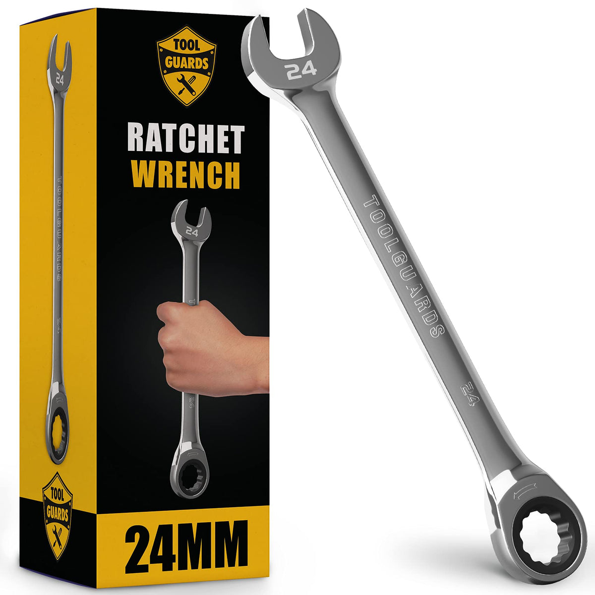 TOOLGUARDS 24mm ratcheting wrench showing ratchet action for quick assemblies.