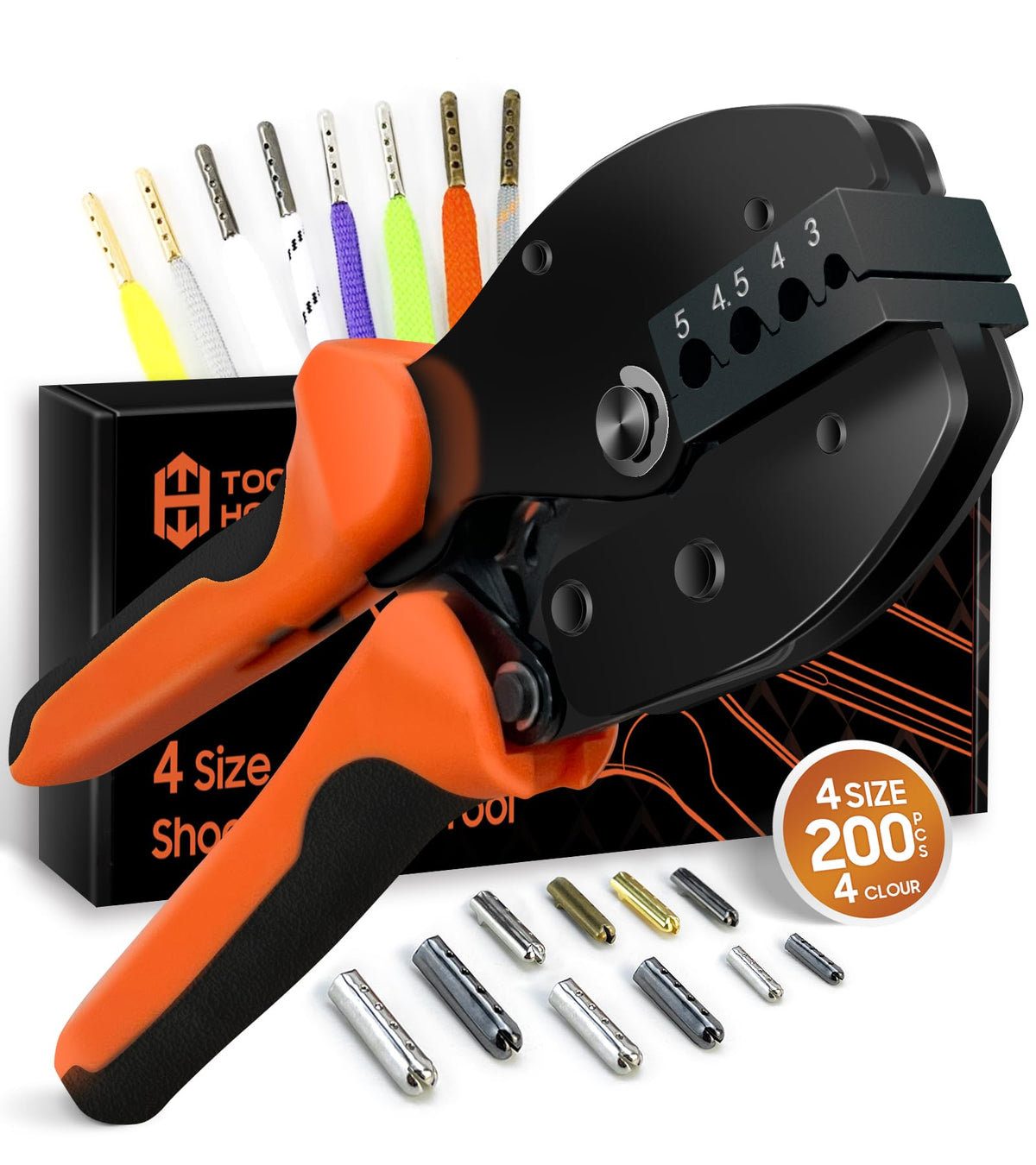 Toolhoper aglet crimping tool with four sizes for precise metal ends