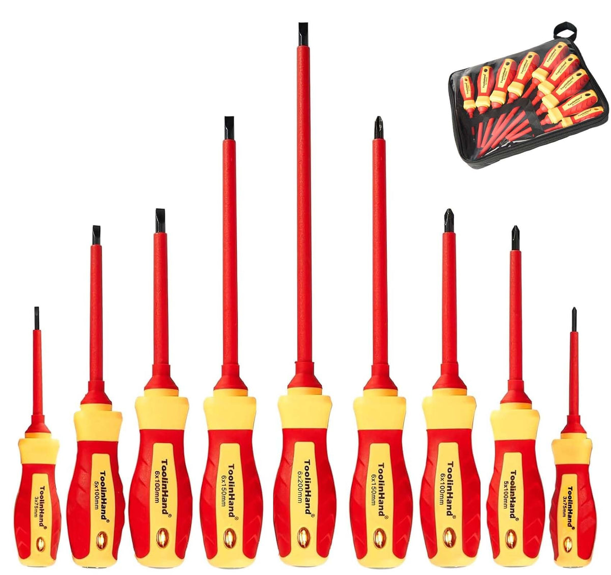 ToolinHand 9pcs 1000V insulated screwdriver set with CR-V tips for safe electrical tasks.