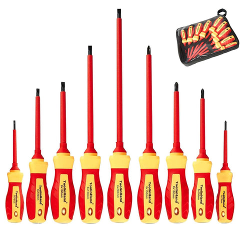 ToolinHand 9pcs 1000V insulated screwdriver set with CR-V tips for safe electrical tasks.