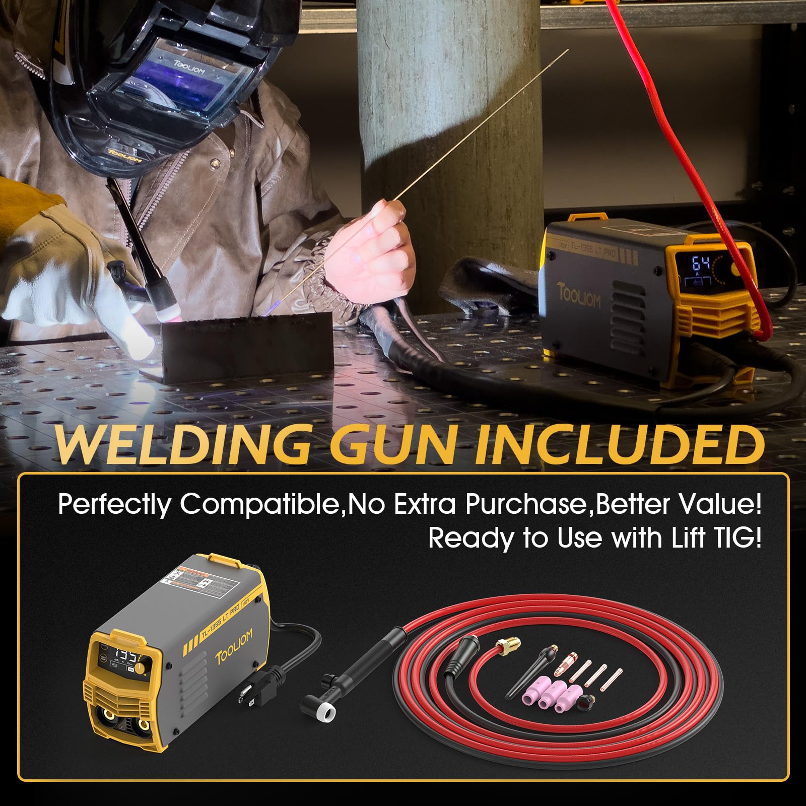 TOOLIOM 135A TIG welder side view emphasizes compact portability for job sites.