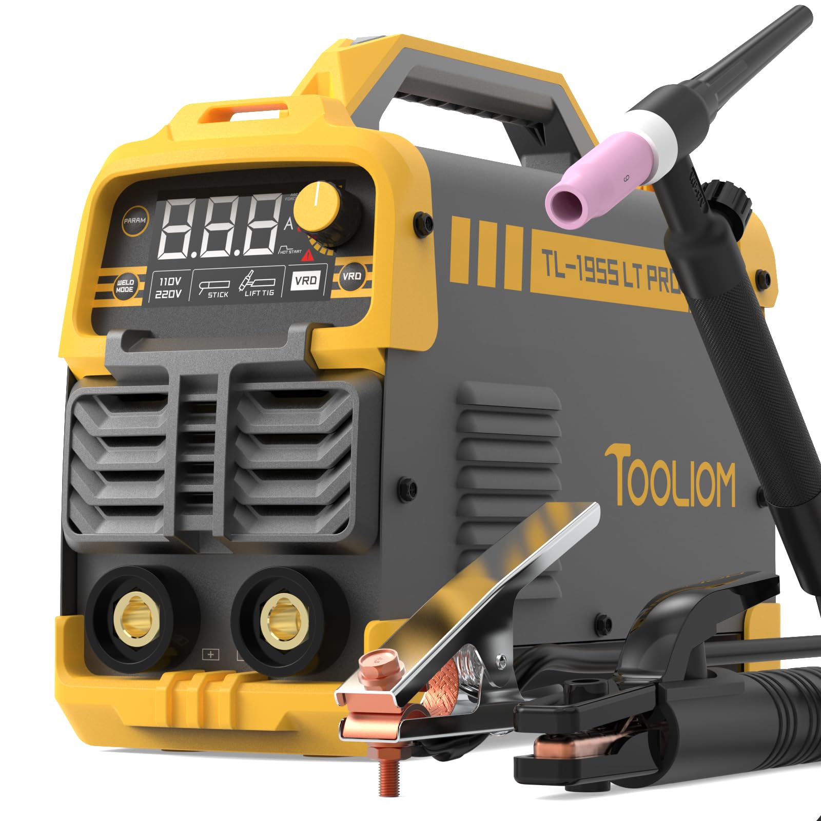 Tooliom 195A stick-lift TIG welder front view showing compact portable design and dual voltage capability