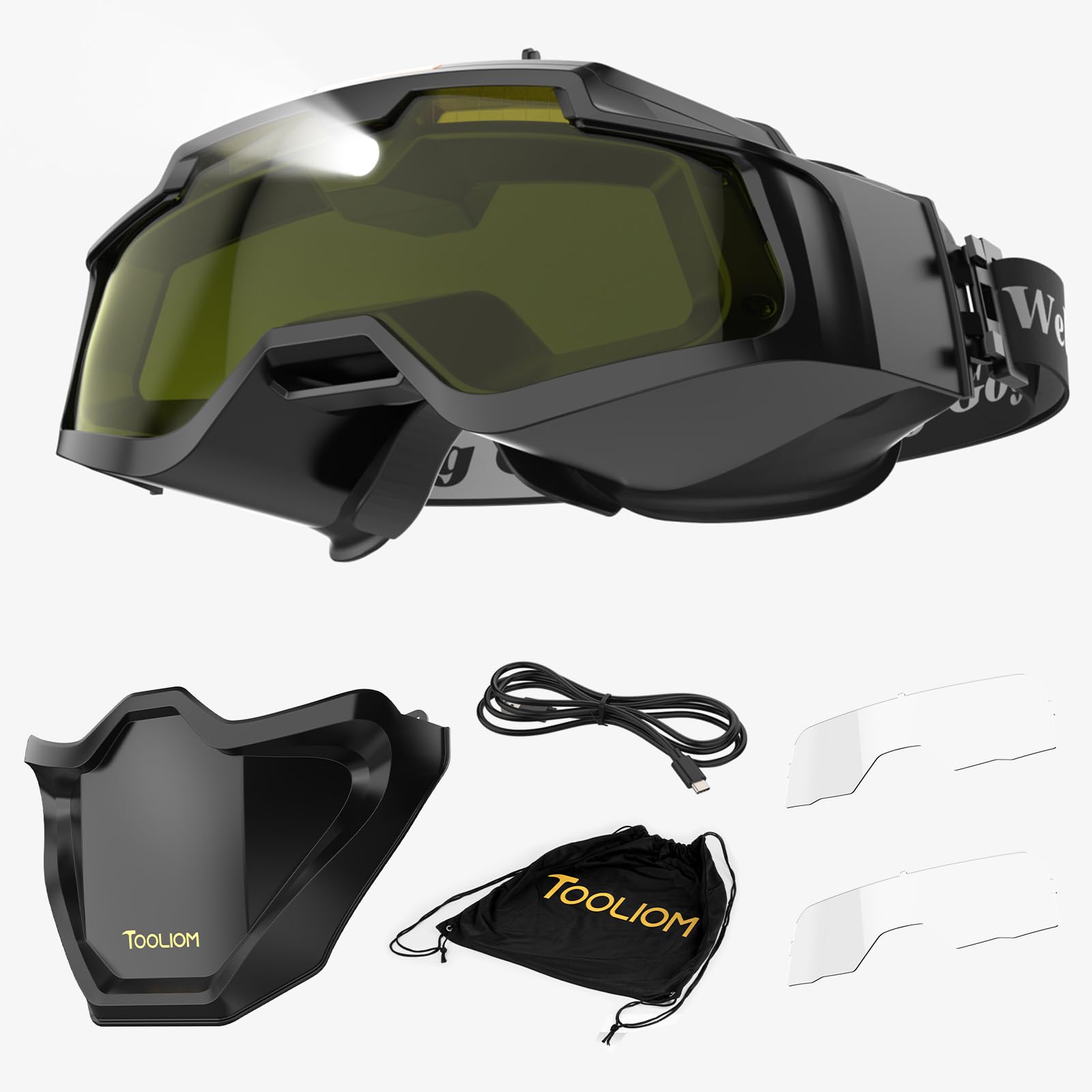 TOOLIOM auto darkening welding goggles, front view, enhanced eye protection during welding tasks.