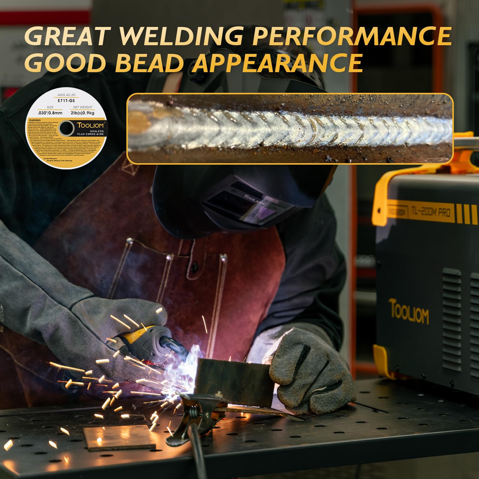 TOOLIOM E71T-GS minimizes splash for cleaner welds in drafts.