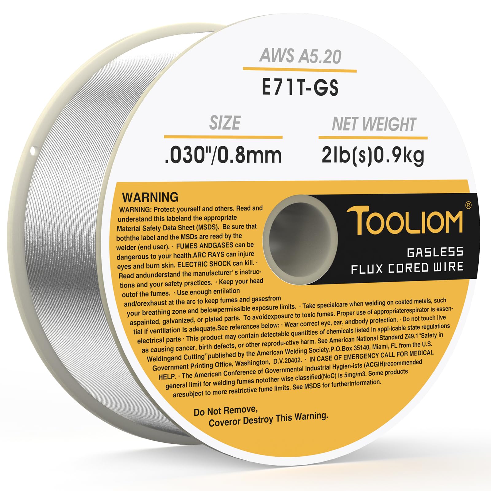TOOLIOM E71T-GS flux core wire on a 2 lb spool for all-position welding.