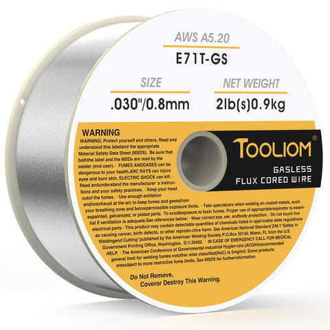 TOOLIOM E71T-GS flux core wire on a 2 lb spool for all-position welding.