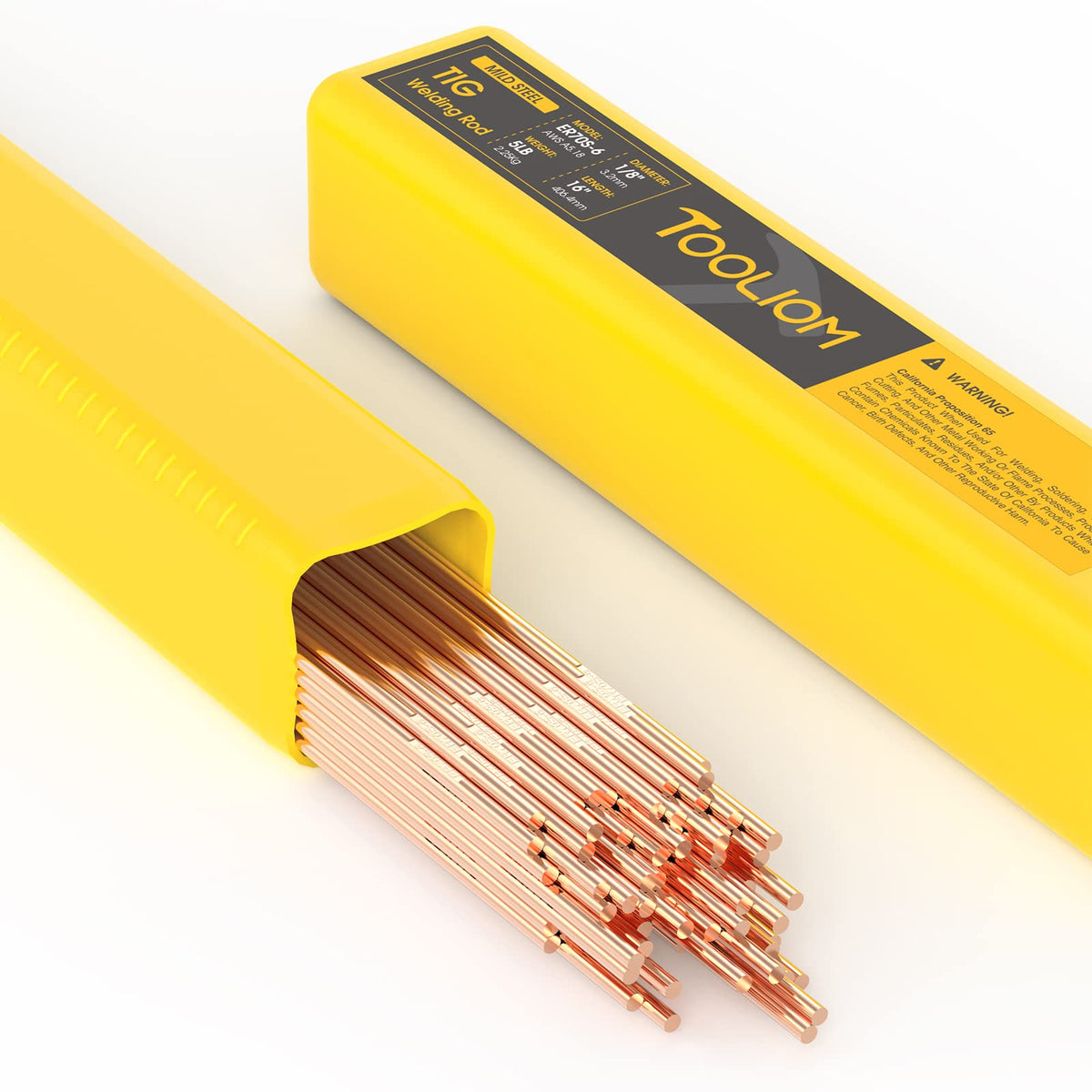 TOOLIOM ER70S-6 copper-coated TIG rod close-up showing coating for clean welds