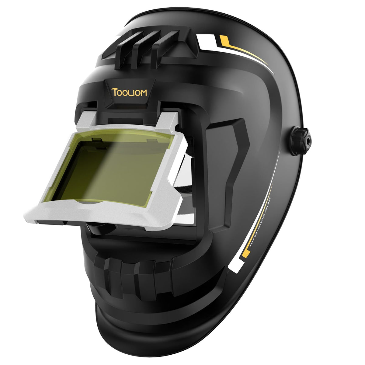 TOOLIOM flip-front lens welding helmet for easy eye protection during welding tasks.