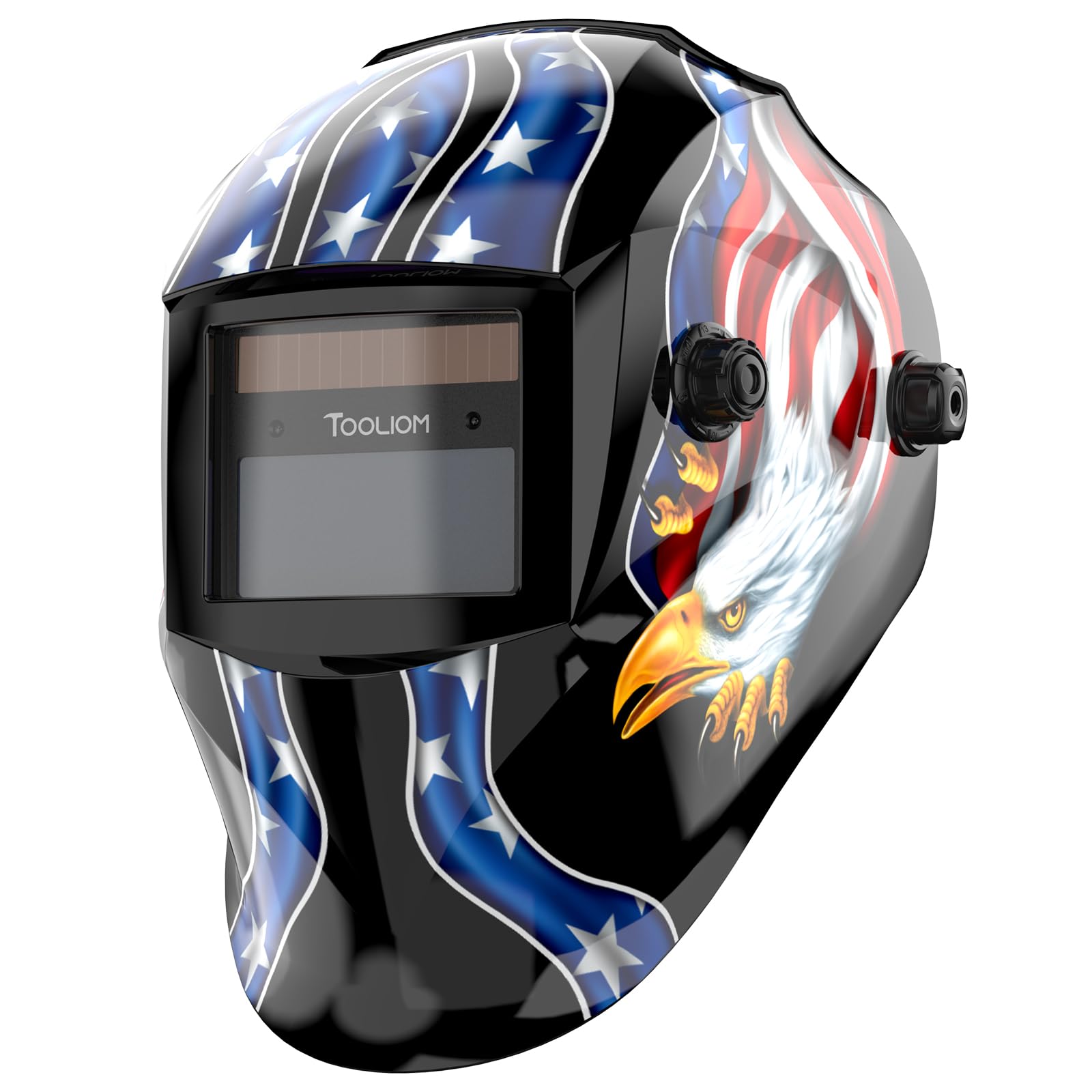 Toooliom solar-powered welding helmet front view highlights comfort during long sessions