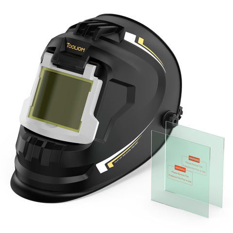 TOOLIOM welding helmet shown in use with protective gear and steady workflow.