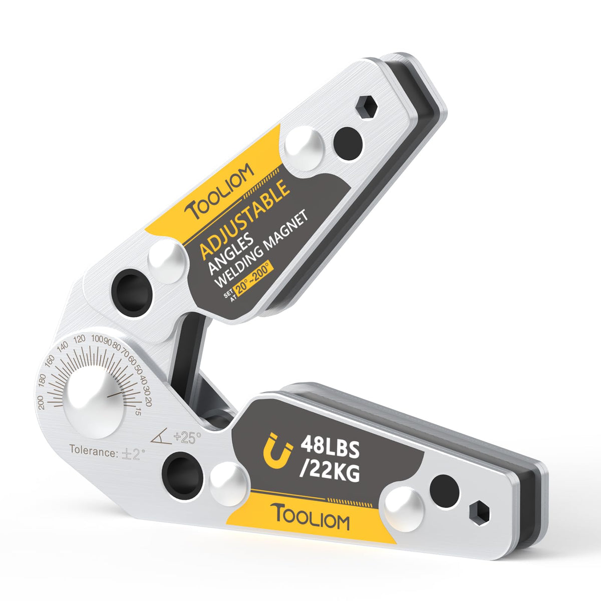 TOOLIOM adjustable angle welding magnet with 20–200° scale for precise positioning.