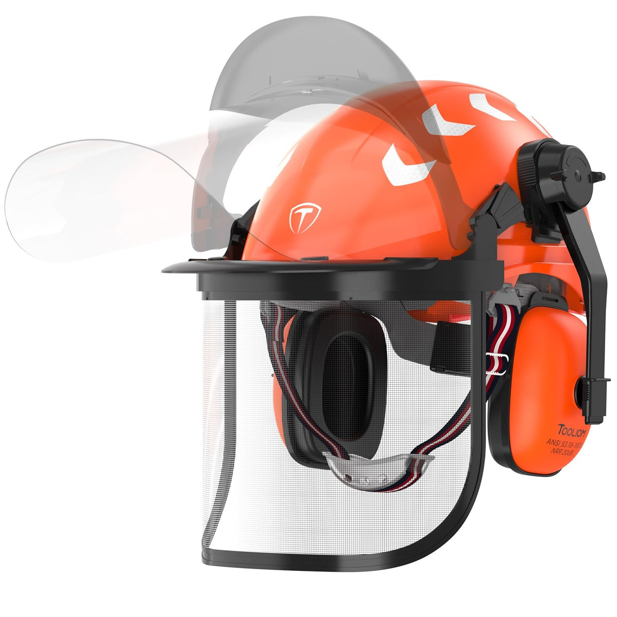TOOLIOM chainsaw helmet overview showing 5-in-1 safety features for forest work